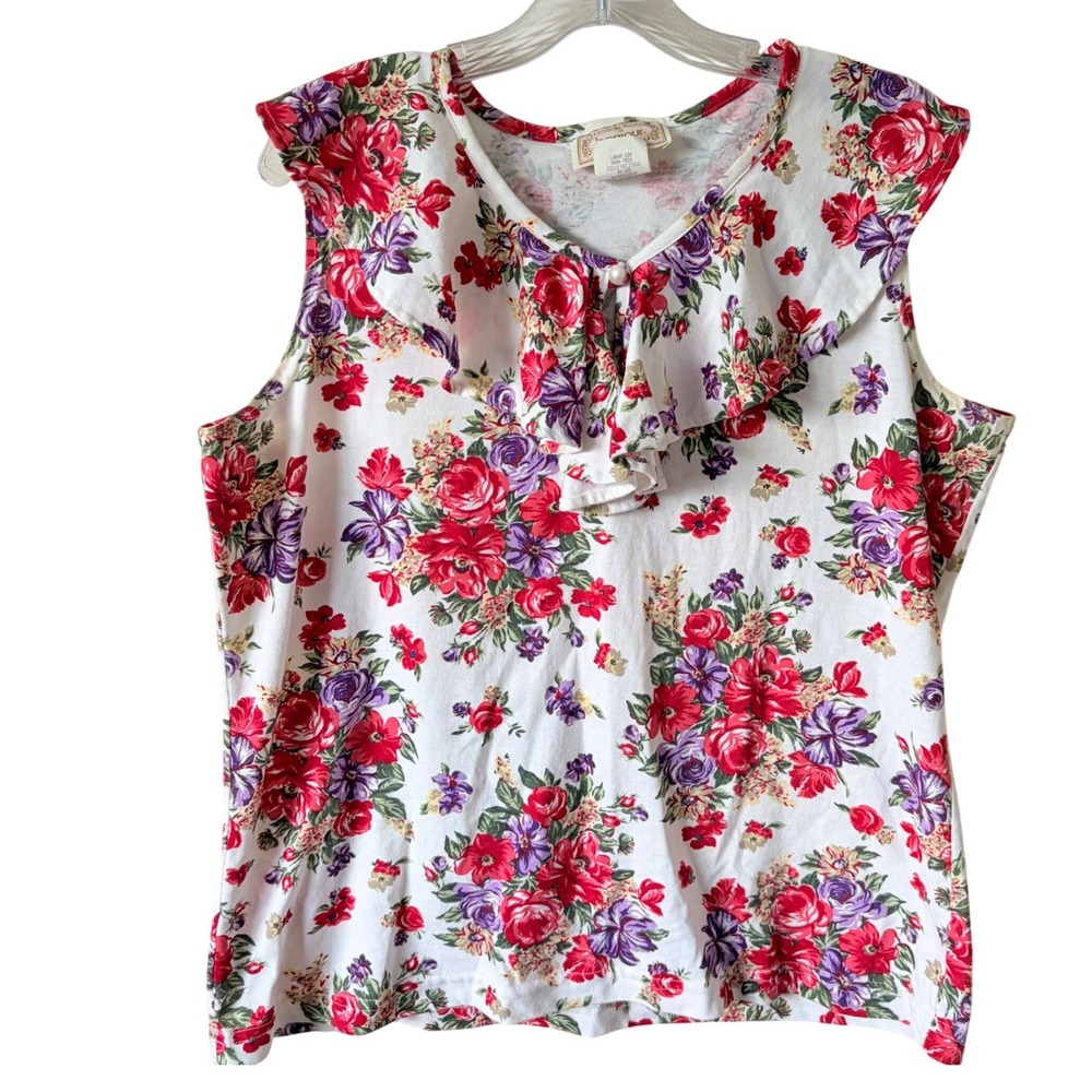 Vintage 90s Bonjour Floral Ruffle Collar Cottagecore Sleeveless Blouse Top L USA